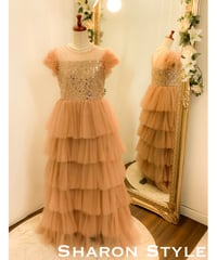 ＊KIDS＊ チュールスリーブ ティアード ボールガウンドレス　ライトモカ