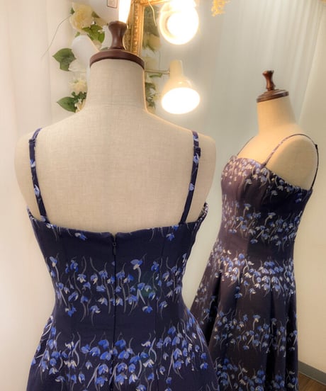 VERA WANG ストライプ風 花模様ジャカードドレス　ネイビー　MLサイズ