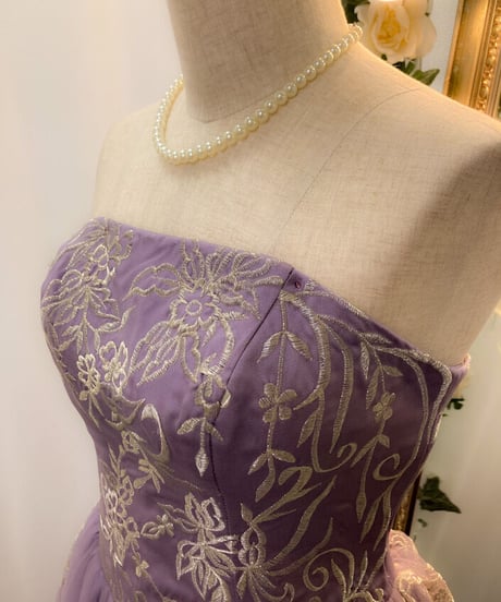 花柄刺繍 ボリュームロングドレス　グレイッシュラベンダー　M-MLサイズ