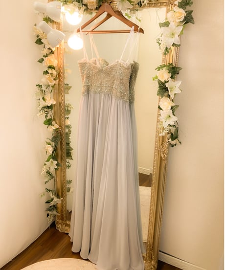 TERANI COUTURE　シフォンAライン ビーディングドレス　シルバー XLサイズ