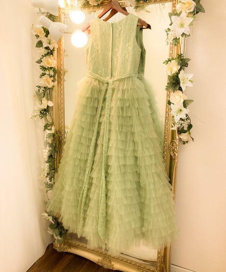 ＊KIDS＊ チュールティアード レース スリーブレスドレス　ライトグリーン