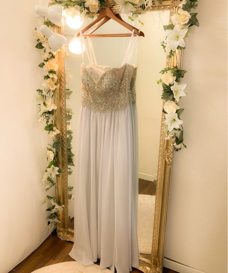TERANI COUTURE　シフォンAライン ビーディングドレス　シルバー XLサイズ