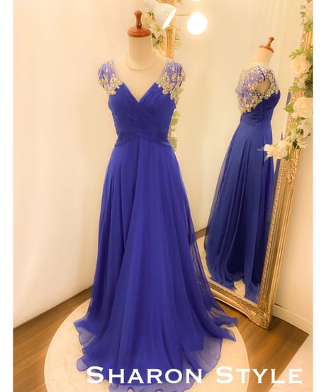 ショールビジューVネックドレス　ロイヤルブルー Mサイズ