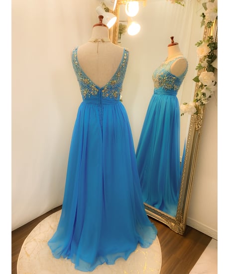 チュール×ビジュー ボートネックドレス　オーシャンブルー