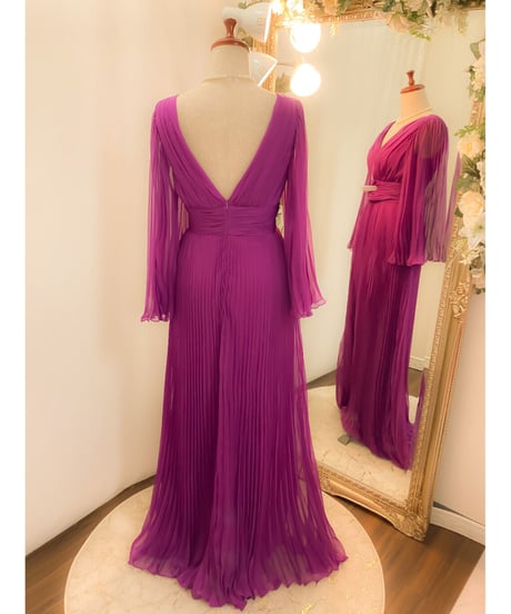 ロングスリーブプリーツドレス　フューシャパープル