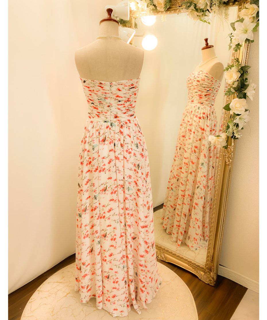 ●Mac Duggal●フリル プリーツ シフォン ストラップレス ガウン 小鳥柄シフォンベアトップドレス | Sharon Style Online Boutique