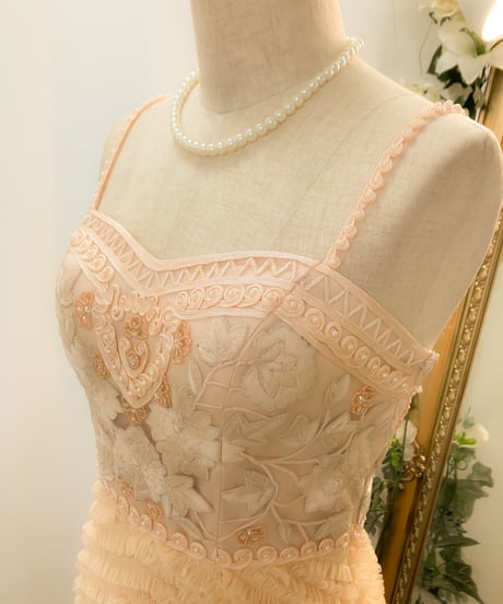SUE WONG　チュール刺繍 パールストラップドレス　ピンクアイボリー