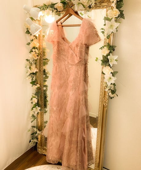 Badgley Mischka ハーフスリーブ チュールティアードドレス　ローズピンク