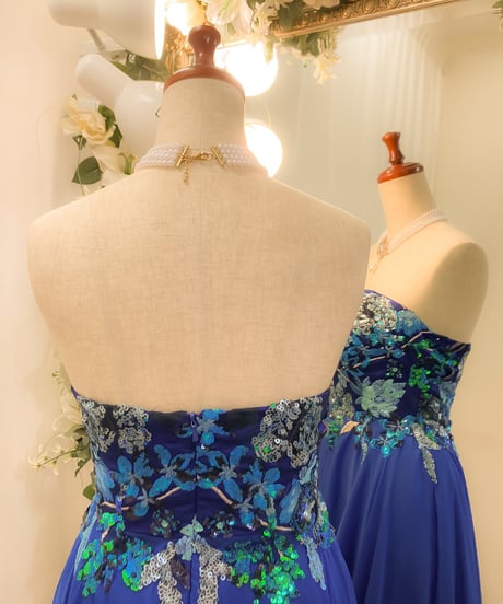 刺繍アップリケ シフォン Aラインドレス　ロイヤルブルー Sサイズ