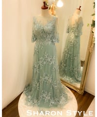 レースフレアスリーブ Aライン ドレス　ダスクブルー　Lサイズ　追記あり