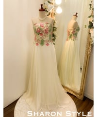 刺繍アップリケ シフォン Aラインドレス　アイボリー　M大きめサイズ,Lサイズ