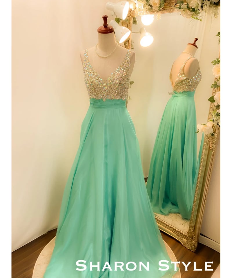 ライムグリーンシフォンドレス ビジュー Vネック シフォンドレス ミントグリーン | Sharon