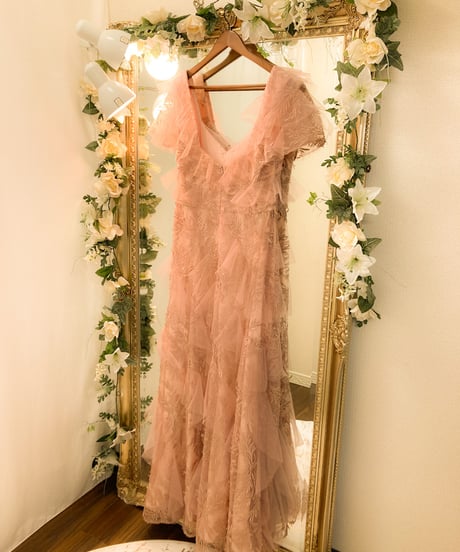Badgley Mischka ハーフスリーブ チュールティアードドレス　ローズピンク