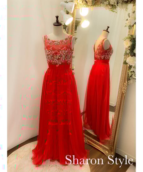 バーガンディ ビジューネックライン ドレス ガール GIRL オーガンジースリーブXラインキーネックロング フレア