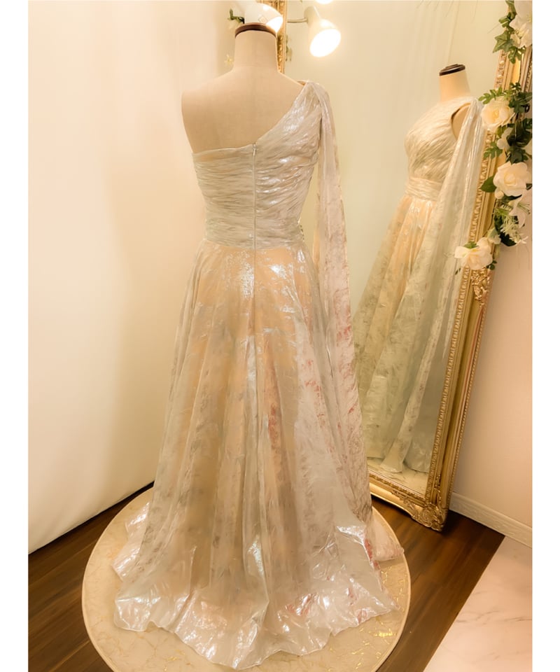 MAC DUGGAL★スパンコールスリーブワンショルダードレープガウン ショルダースカーフワンショルダードレス シルバー | Sharon