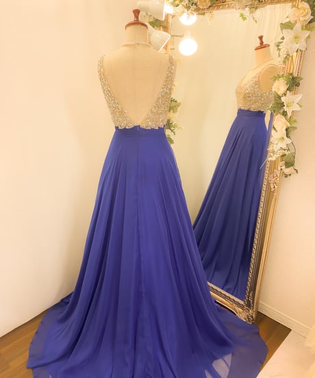 ビジューVネック シフォンドレス　ロイヤルブルー　S-Mサイズ