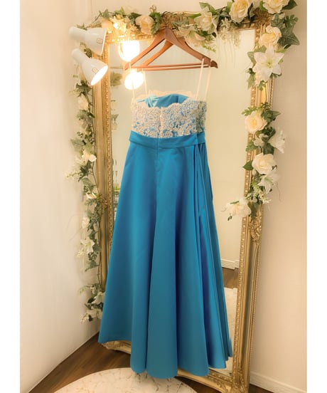 レース×サテンベアトップドレス　ターコイズブルー　Lサイズ