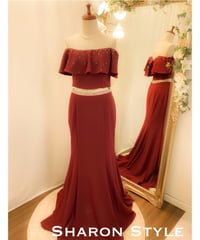 ラインストーン フリルカラー ２ピースドレス　ワインレッド