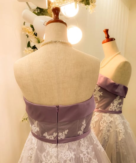 刺繍アップリケ×チュールレース リボンベルト付きドレス　ラベンダー　Mサイズ