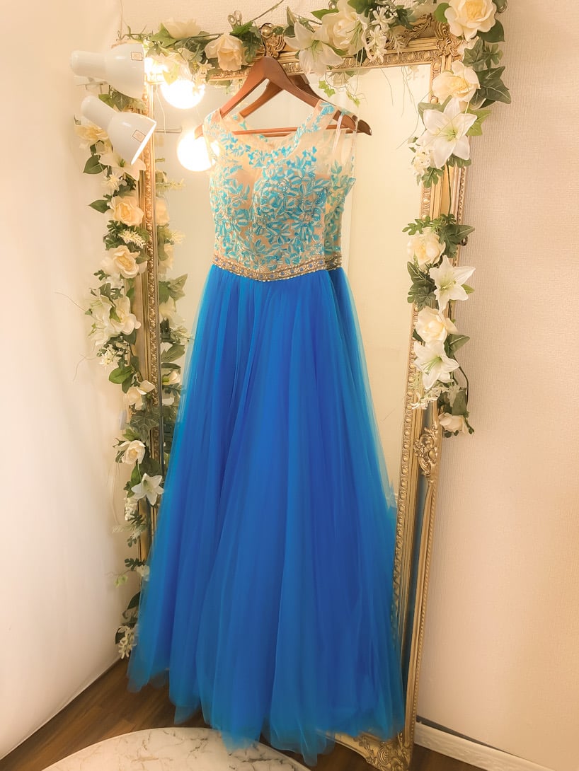 エンブロイダリービーディング ボールガウンドレス ヌード×アズール