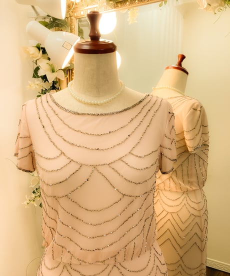 ビーズ刺繍デザインショートスリーブドレス　シャモアピンク　S-Mサイズ