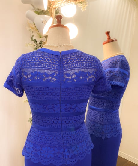 クロシェ刺繍風 ハーフスリーブドレス　ロイヤルブルー Mサイズ