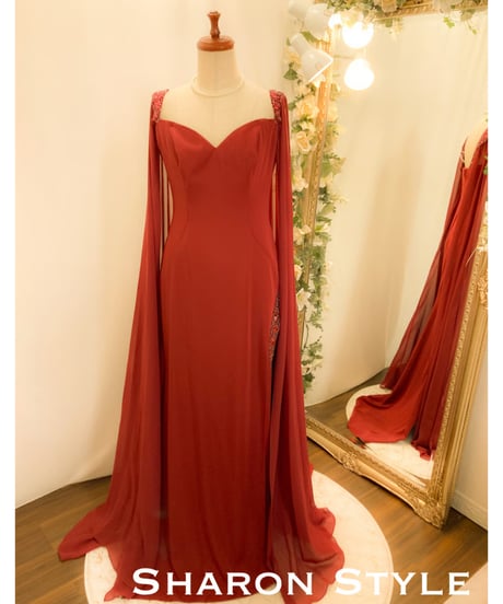 ロングスカーフ オフショルダー スレンダードレス　バーガンディレッド　Lサイズ