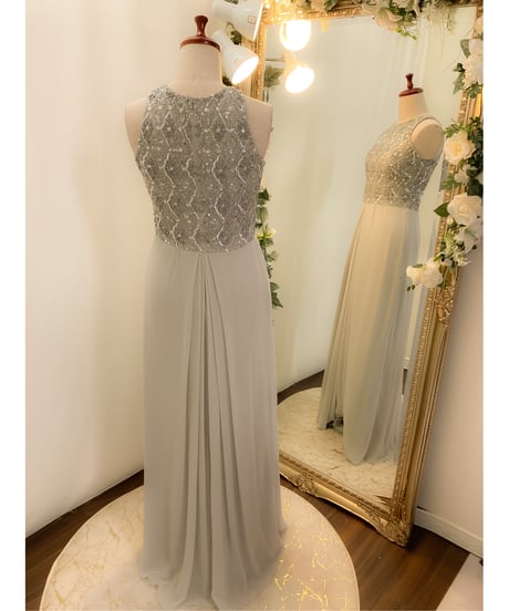 シフォンプリーツAラインドレス　シルバーグレー
