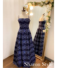 VERA WANG ストライプ風 花模様ジャカードドレス　ネイビー　MLサイズ
