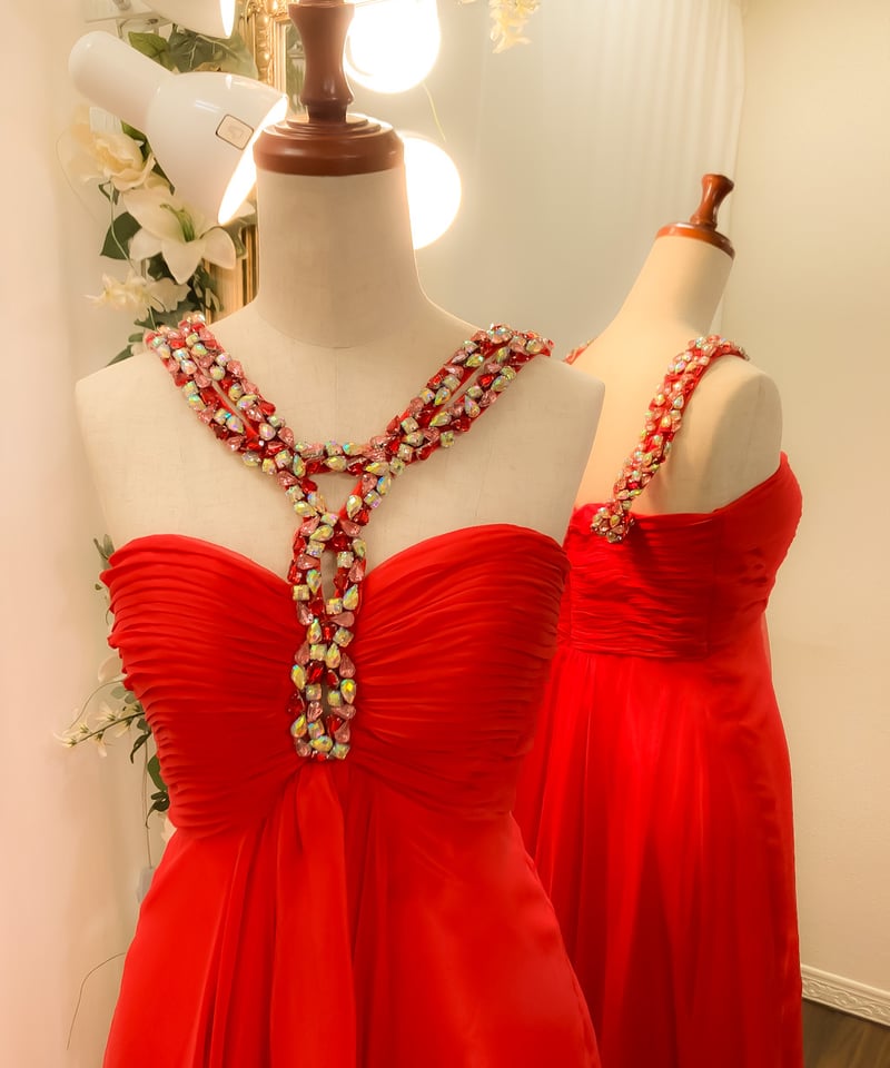 ビーディングストラップ エンパイア シフォンドレス レッド
