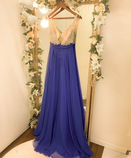 ビジューVネック シフォンドレス　ロイヤルブルー　S-Mサイズ