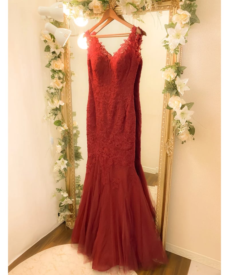 コルセットデザイン Vネックレース マーメイドドレス バーガンディ