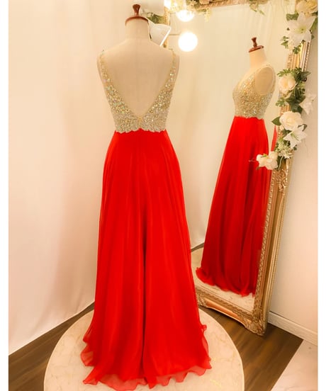ビジューVネック シフォンドレス　レッド　S-M,Lサイズ