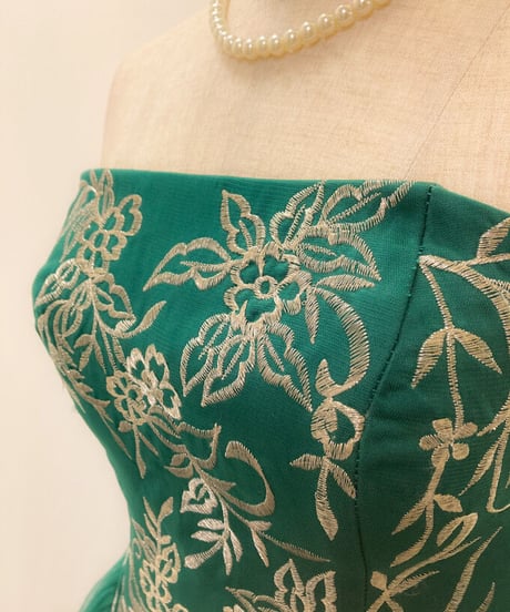 花柄刺繍 ボリュームロングドレス　エメラルドグリーン　Mサイズ