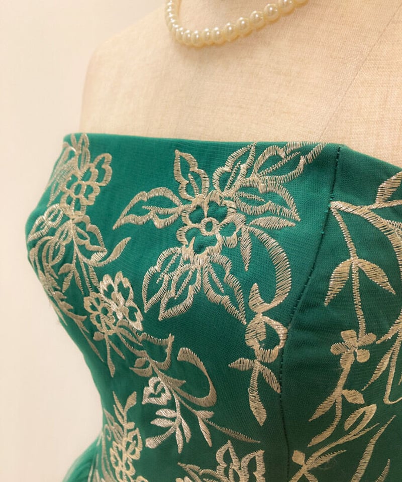 花柄刺繍 ボリュームロングドレス エメラルドグリーン | Sharon