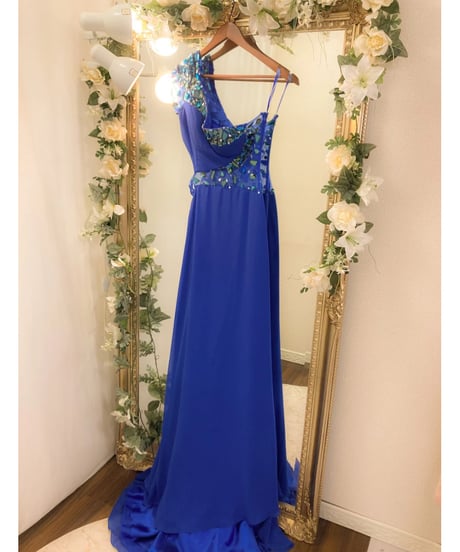 ワンショルダースリーブ シフォンドレス　ロイヤルブルー