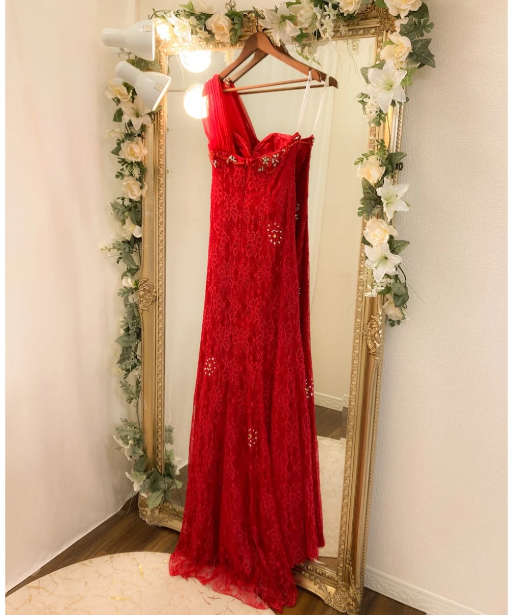 ラッセルレース×シフォン ワンショルダードレス レッド | Sharon Style 