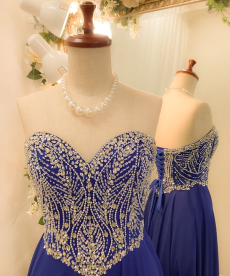 デザインビジュー レースアップ シフォンドレス　ロイヤルブルー　MLサイズ