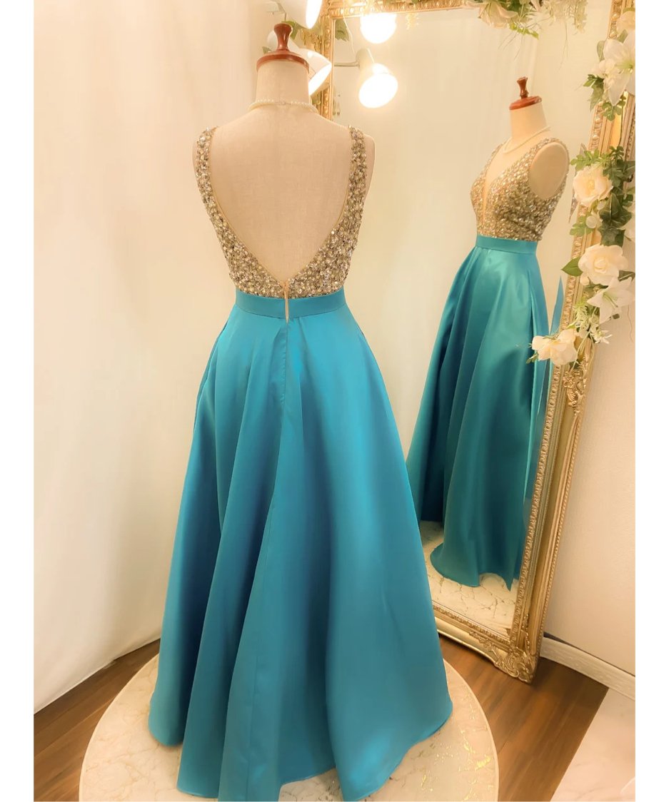 Vラインスパンコールドレス オーシャンブルー | Sharon Style Vラインスパンコールドレス オーシャンブルー | Sharon Style