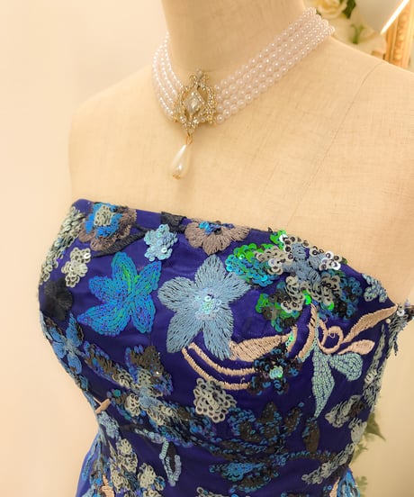 刺繍アップリケ シフォン Aラインドレス　ロイヤルブルー Sサイズ