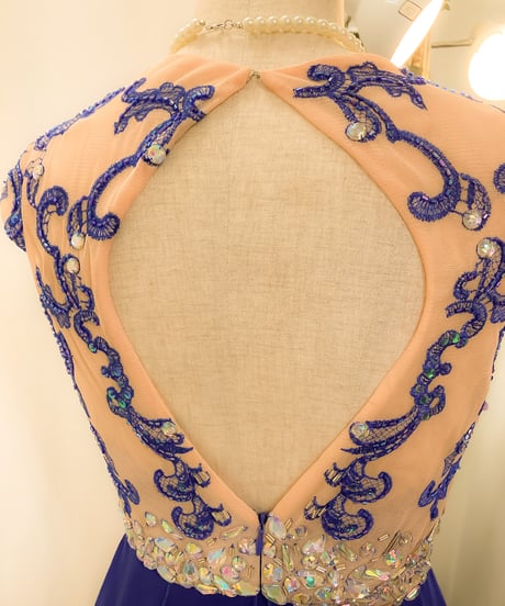 バロック風刺繍フレンチスリーブドレス　ロイヤルブルー　S-Mサイズ