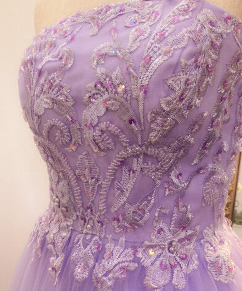 花刺繍×チュールクラシカルベアトップドレス ラベンダー