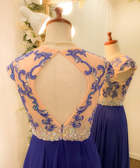 バロック風刺繍フレンチスリーブドレス　ロイヤルブルー　S-Mサイズ