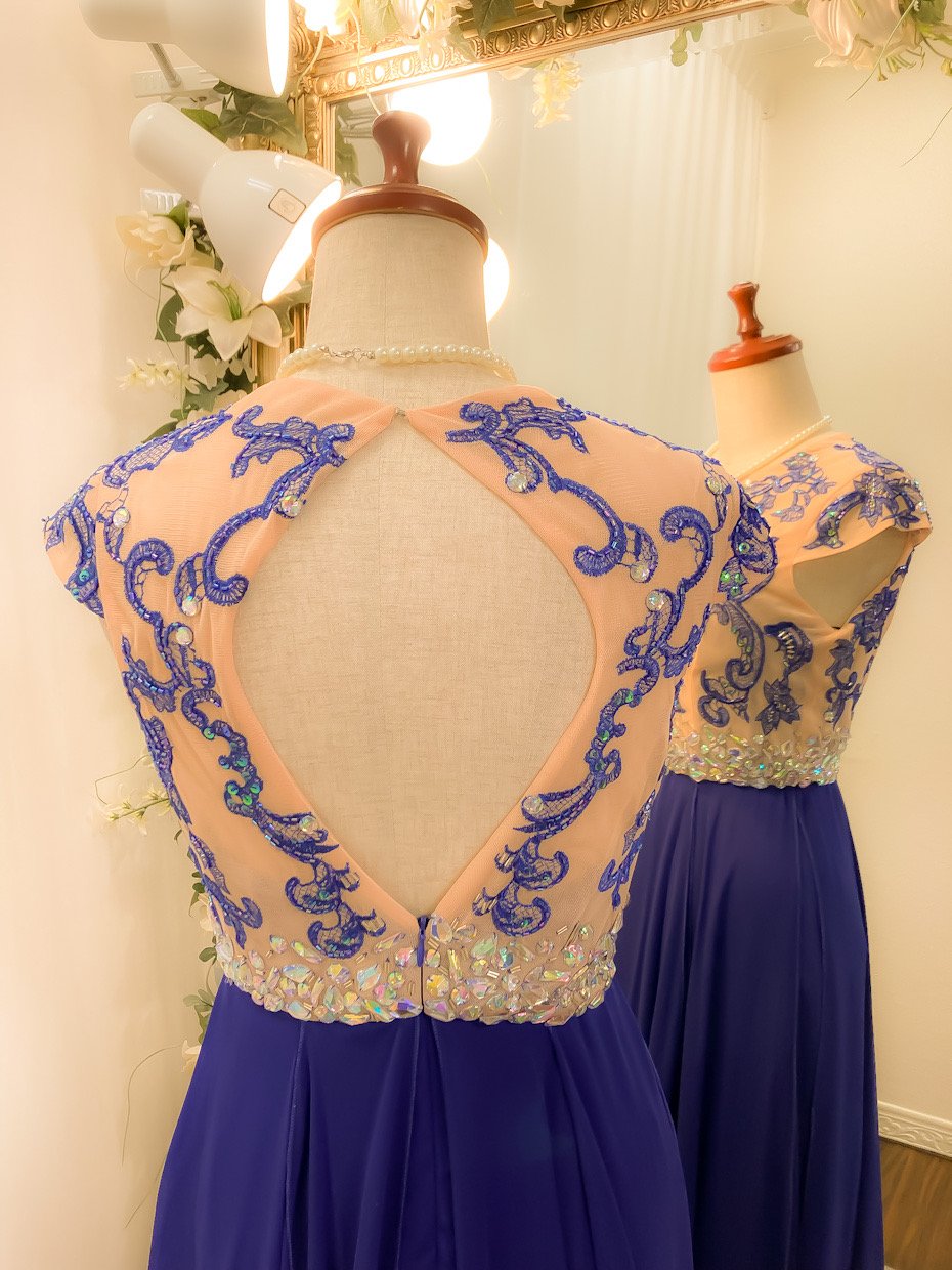 バロック風刺繍フレンチスリーブドレス ロイヤルブルー S-Mサイズ