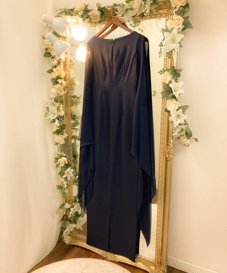 スカーフスリーブ シンプルデザインドレス　ネイビー　ML,Lサイズ