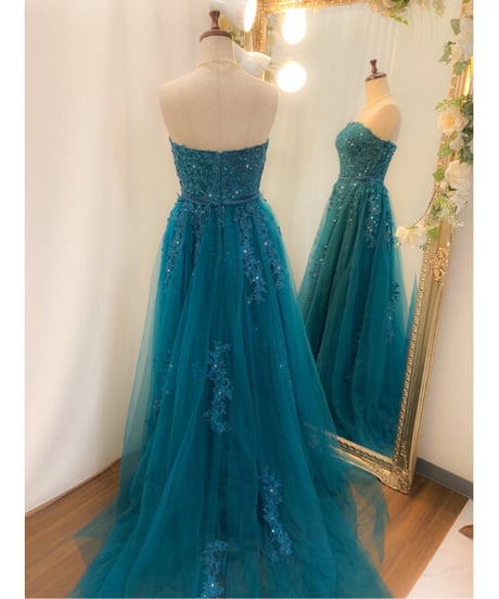 レース×チュールロングトレーンドレス　ティールグリーン