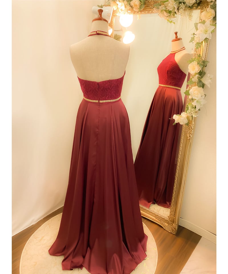 ESCADA ★ Dhewa ラウンドーネック ツイード カクテルドレス デコルテレースホルターネックドレス ワインレッド | Sharon