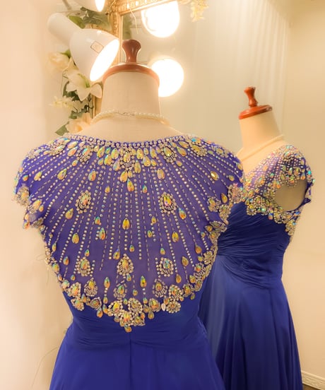 ショールビジューVネックドレス　ロイヤルブルー Mサイズ