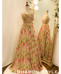 シンプルAライン ベアトップドレス　ピンク×グラスグリーン Sサイズ