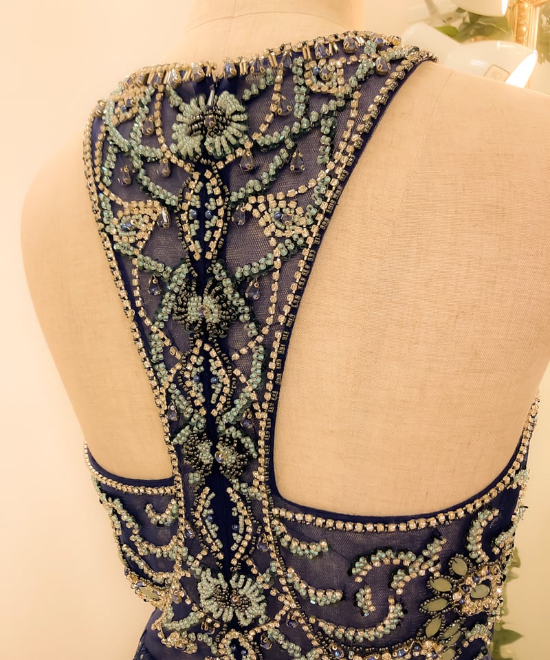 ビーディング スリーブレスマーメイドドレス ネイビー | Sharon Style